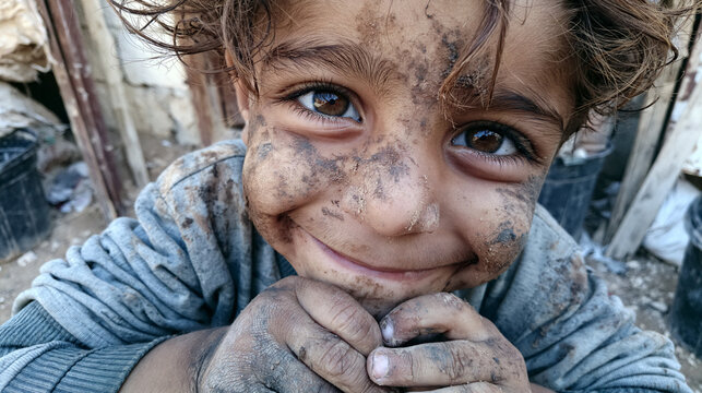 A close-up portrait of an impoverished young child with a wide, joyful smile, whose face and hands are heavily smudged with dirt and grime, looking directly.