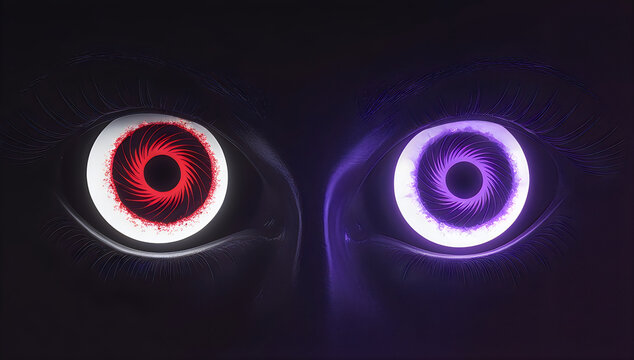 Glowing red and purple eyes staring in the dark illustration