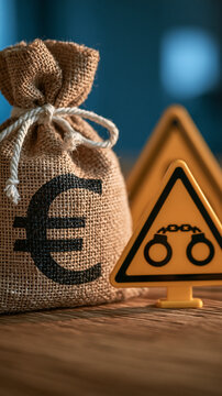 Financial Crime Warning: A burlap money bag with a euro symbol and a caution sign featuring handcuffs symbolize the risks and penalties associated with financial crime and illegal activities.