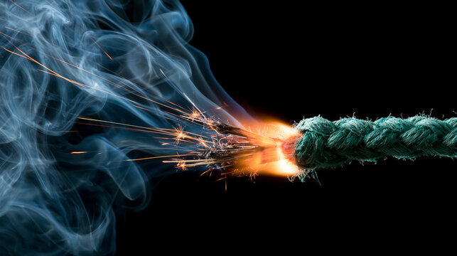 A studio macro photograph capturing a lit dynamite fuse with bright orange sparks, burning brightly, and creating smoke against a dark background.