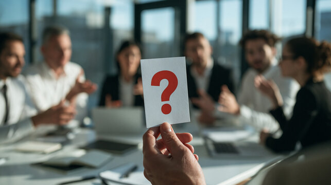 The Question Mark Dilemma: A group of business professionals engaged in a meeting, with a hand holding a question mark card in the foreground.