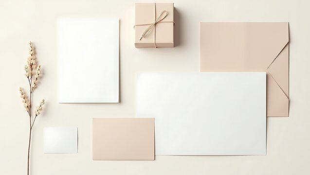 Minimalist wedding stationery mockup with gift box and dried flower
