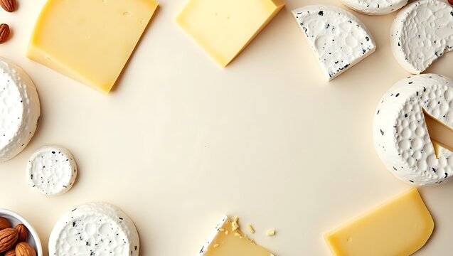 Assorted gourmet cheeses and almonds arranged on a light background