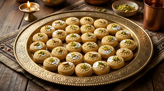 Traditional indian sweets peda platter on decorative brass tray with diya sugar based milk based traditional celebration cultural confectionery