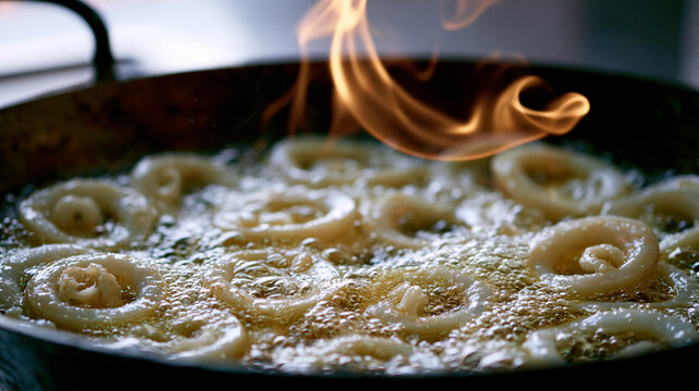 A close-up photograph of golden onion rings or calamari deep-frying in a pan of hot bubbling oil with flames licking above, capturing a dramatic culinary process.