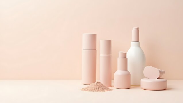 Minimalist cosmetic skincare product bottles with powder on pastel background