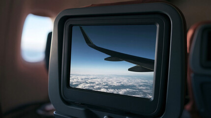 Naklejka premium Airplane Window View: View of clouds and sky from an airplane window with wing and screen display in foreground, capturing the essence of air travel and the freedom of flight.