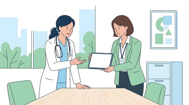 Ilustrasi Dokter Wanita Berdiskusi dengan Perwakilan Medis Menunjukkan Layar Kosong Tablet Digital