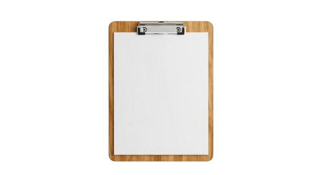 Wooden clipboard with blank white paper sheet isolated on transparent background
