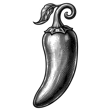 This antique woodcut engraving features a spicy chili pepper with a stem and leaf, rendered in a classic style that highlights the culinary essence of hot ingredients for various gourmet designs