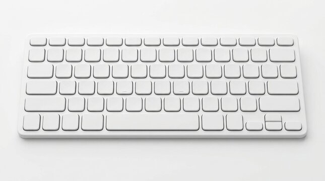 Minimalist white computer keyboard with blank keys, modern wireless input device on white background, clean tech hardware for office work