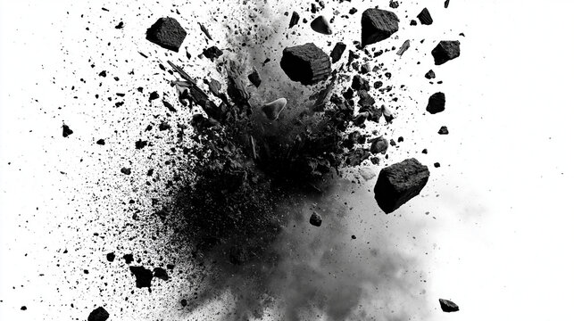 A high-speed photograph of a violent explosion of black coal chunks and dust, captured mid-air against a plain, bright white background.
