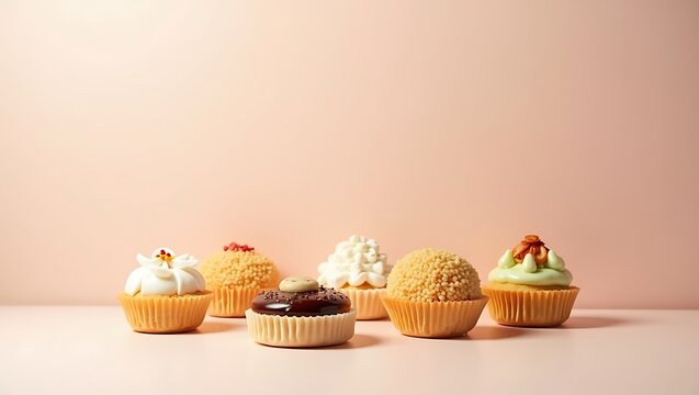 Assorted gourmet cupcakes with various toppings on a soft pink background
