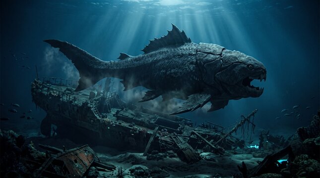 A giant prehistoric monster fish swims smoothly underwater above an ancient shipwreck under bright sunlight beams piercing through deep ocean waters.