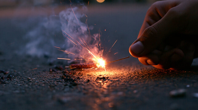A close-up photograph of a hand holding a lit sparkler, creating a shower of bright, glowing golden sparks and smoke on a dark, textured ground.