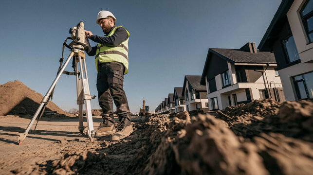 Surveyor at New Housing Development: A focused surveyor in a hard hat and high-visibility vest uses a total station on a tripod to measure land at a new housing development under construction.