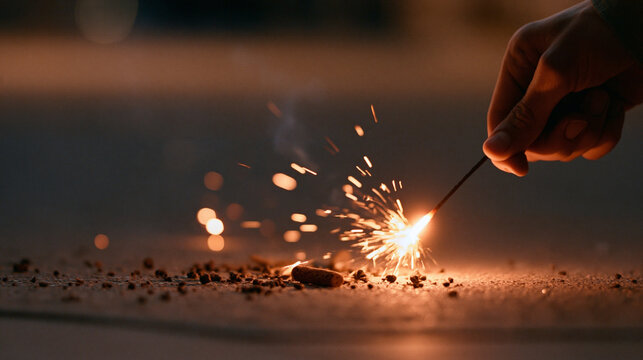 A close-up photograph of a hand holding a lit sparkler, creating a shower of bright, glowing golden sparks and smoke on a dark, textured ground.