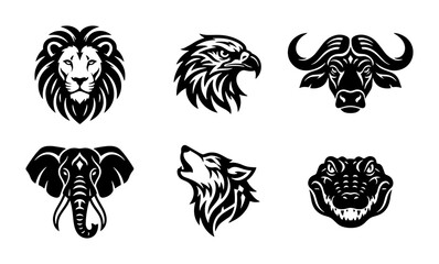 Obraz premium 70 Wild Animal Head Icons Set, Majestic Lion, Fierce Eagle, Powerful Buffalo, Elephant, Howling Wolf, Alligator Vector Graphics, Bold Black and White Silhouettes for Branding and Design 100