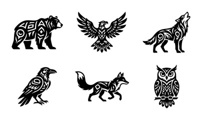 Obraz premium 70 Indigenous Animal Vector Icons, Tribal Art Style, Native American Wildlife Graphics, Black and White Forest Creatures Set 100
