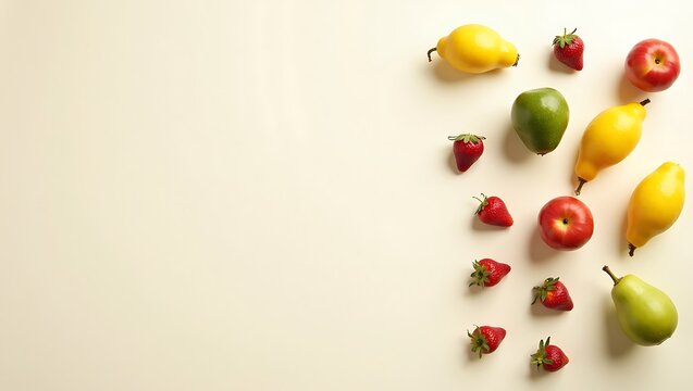 Fresh fruits and strawberries arranged on a light beige background