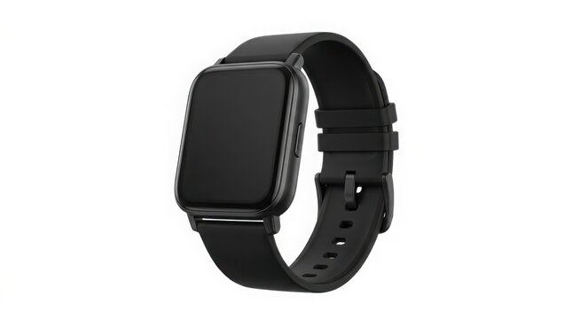 Modern black smartwatch with silicone strap, digital fitness tracker on white background, sleek wearable technology device