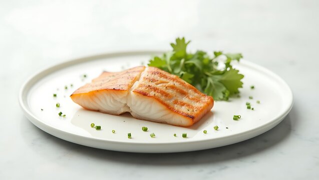 Grilled salmon fillet served on a white plate with fresh herbs