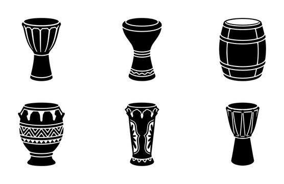 70 Set of Six African Drums Vector Icons, Tribal Percussion Instruments, Musical Equipment Graphics, Rhythm and Beat Symbols 100