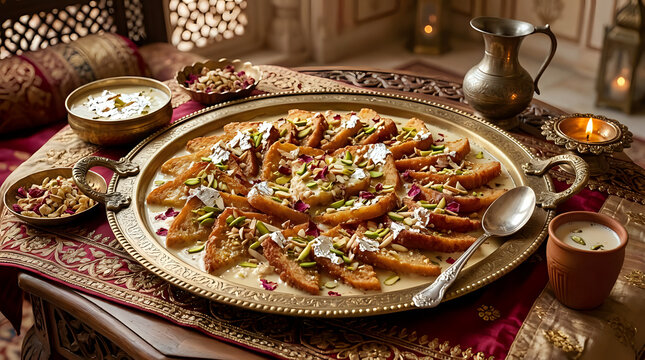 Traditional shahi tukda bread pudding dessert on decorated brass plate with pistachio celebration traditional culinary authentic delicious