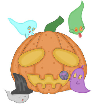 Cute Halloween jack o lantern vector with colorful ghosts