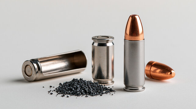 A studio photograph of pistol ammunition components including a complete round, empty casings, a bullet projectile, and a pile of gunpowder on a white background.