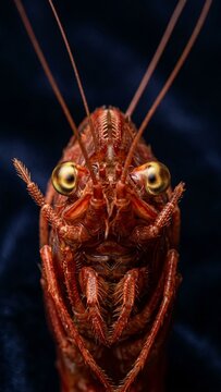 Macro red prawn head facing camera on dark background with detailed eyes