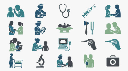 Industrial Style Icons Set Featuring Medical Professionals Tools and Pregnancy Care in Blue and Green Silhouettes © Fitri