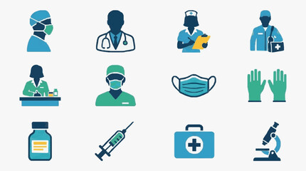 Industrial Style Icons Set Featuring Medical Professionals Safety Gear and Healthcare Tools in Blue and Green © Fitri