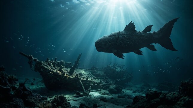 A giant prehistoric monster fish swims smoothly underwater above an ancient shipwreck under bright sunlight beams piercing through deep ocean waters.