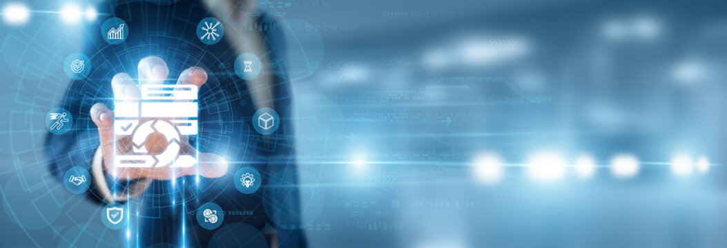 Scrum Master hand holding Agile and data networking, scrum project management, software development workflow, flexible team collaboration, efficient process planning.