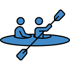 A minimalist blue and black vector icon featuring two people paddling in a tandem kayak, creating a clean, modern graphic for water sports and outdoor recreation design. © BungCu