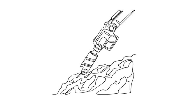 Jackhammer drilling rock, industrial construction, single line art