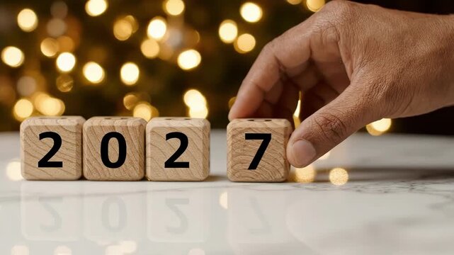 Hand changing wooden blocks from 2026 to 2027 with bokeh lights background.
