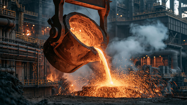 Molten Metal Pouring: A dramatic scene unfolds in a bustling foundry as a ladle pours glowing molten metal, creating a cascade of sparks against the industrial backdrop.