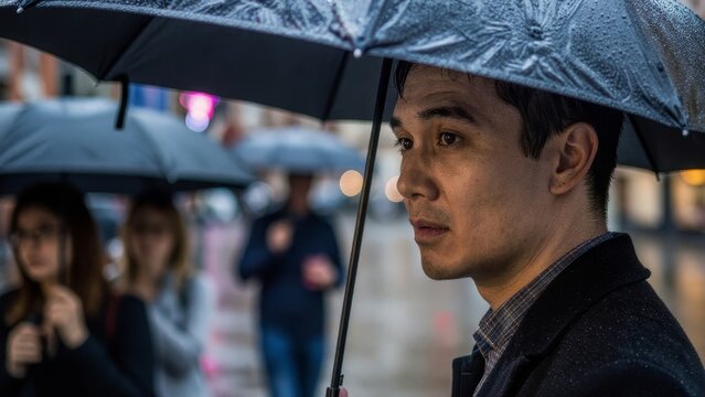 Man Standing Under Black Umbrella in Rainy Urban Environment
