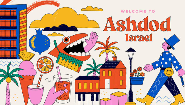Welcome to Ashdod, Israel: Vibrant Cityscape Illustration with Palm Trees, Ice Cream, and Stylized Buildings
