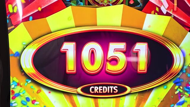 Detailed casino slot display showing jackpot style win graphics, glowing gold numbers, neon reflections, colorful confetti, and prize credits for gaming entertainment videos.