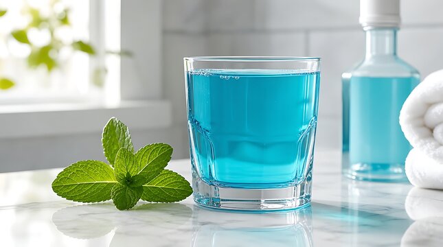 Glass filled with turquoise blue mouthwash and fresh mint leaves on marble surface, oral hygiene concept