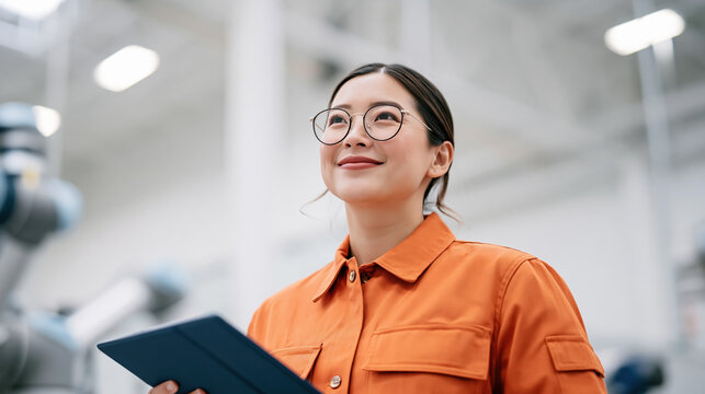 Asian female engineer in orange work shirt inspecting collaborative robot in bright factory