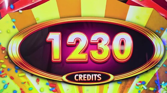 Slot machine screen flashing a win result with large credit number, gold border, confetti graphics, and neon casino reflections for gambling, gaming, and nightlife footage.