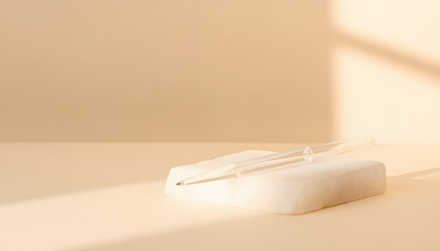 Minimalist productivity concept with transparent glass pen resting on a marble podium in warm sunlight