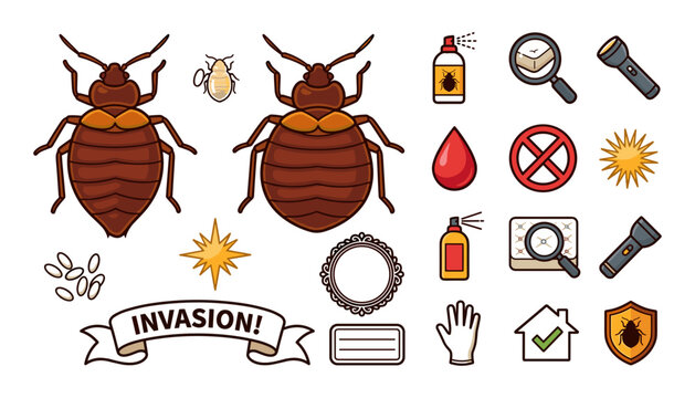 Flat bedbug pest control sticker vector asset pack featuring cartoon bed bugs infestation eggs flashlight spray and invasion labels