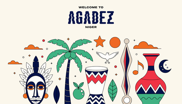 Welcome to Agadez, Niger: African Tribal Mask, Palm Tree, Drum, Vase & Cultural Icons - Flat Design Vector Illustration