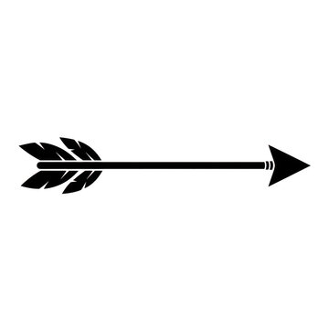 Black arrow icon with feathers for hunting or design isolated on transparent background