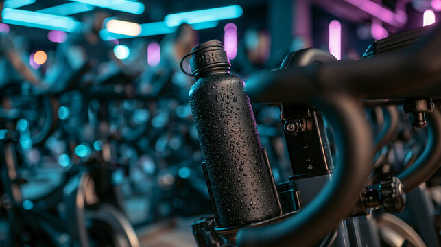 Spin Class Hydration: A black water bottle, beaded with condensation, rests on the handlebars of a stationary bicycle in a dimly lit spin studio.
